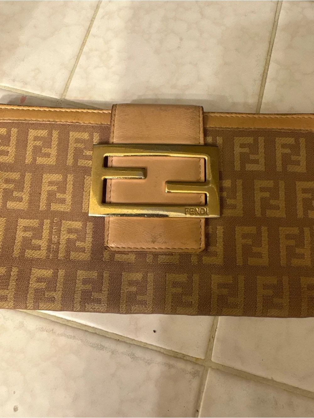 Fendi Tan Brown Zucca Continental Wallet with Gold-Tone FF Plaque